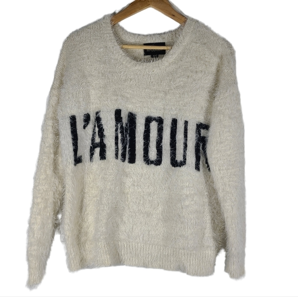 Maddison Womens Medium Fuzzy Sweater Ivory Black L'Amour Crew Neck Long Sleeve.